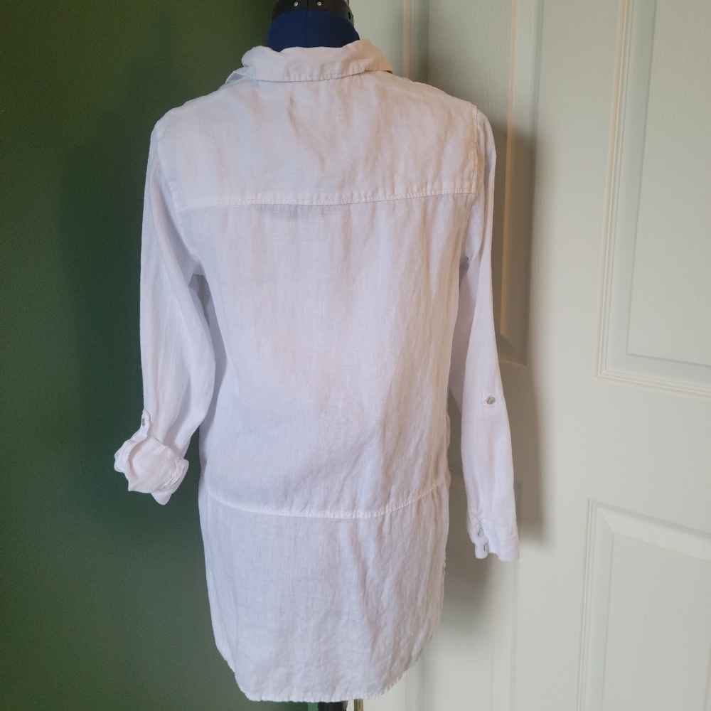 Tahari M 100% Linen Long Line White Button Up - Picture 4 of 9